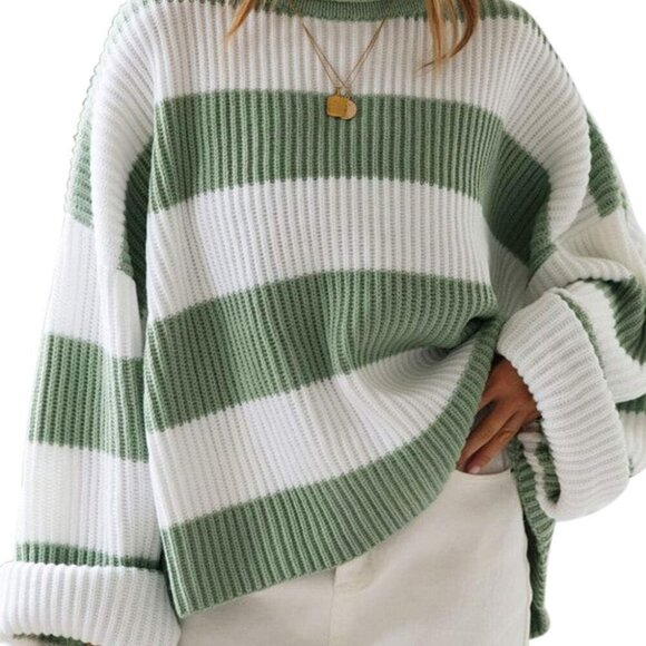 Women's Fall Long Sleeve Crew Neck Striped Color Block Comfy Loose Oversized Kni - Picture 1 of 10